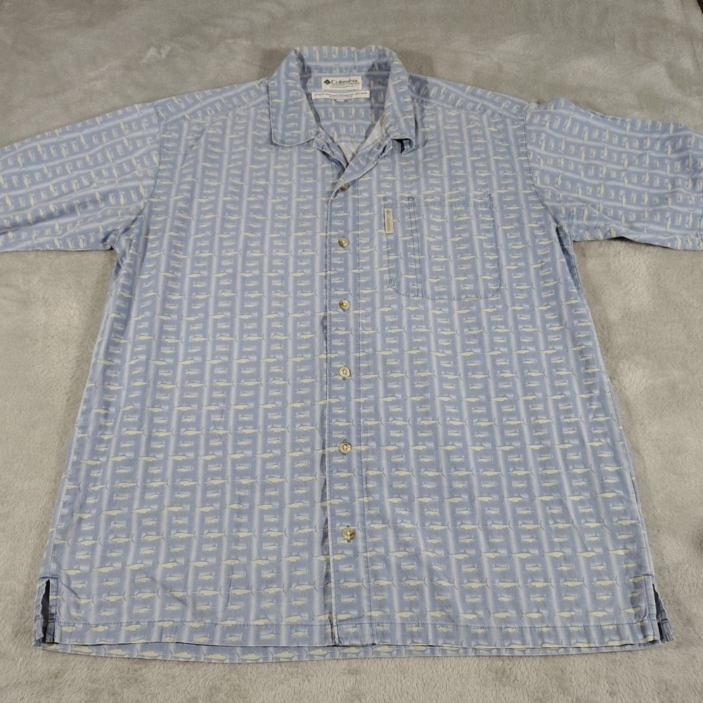 Columbia Shirt Men L Blue Fish Sporty Classic‎ Cotton Button Up Short Sleeve